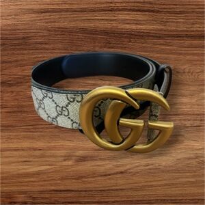 Gucci GG Monogram Canvas Belt with Gold Double G Buckle